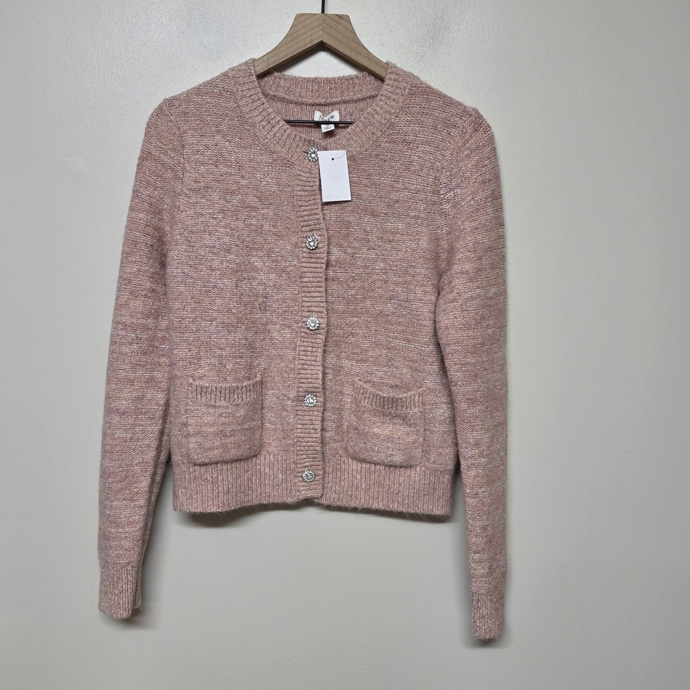 J. Crew Shimmer Lady Button Front Crew Neck Knit Cardigan Rose Blush Metallic M